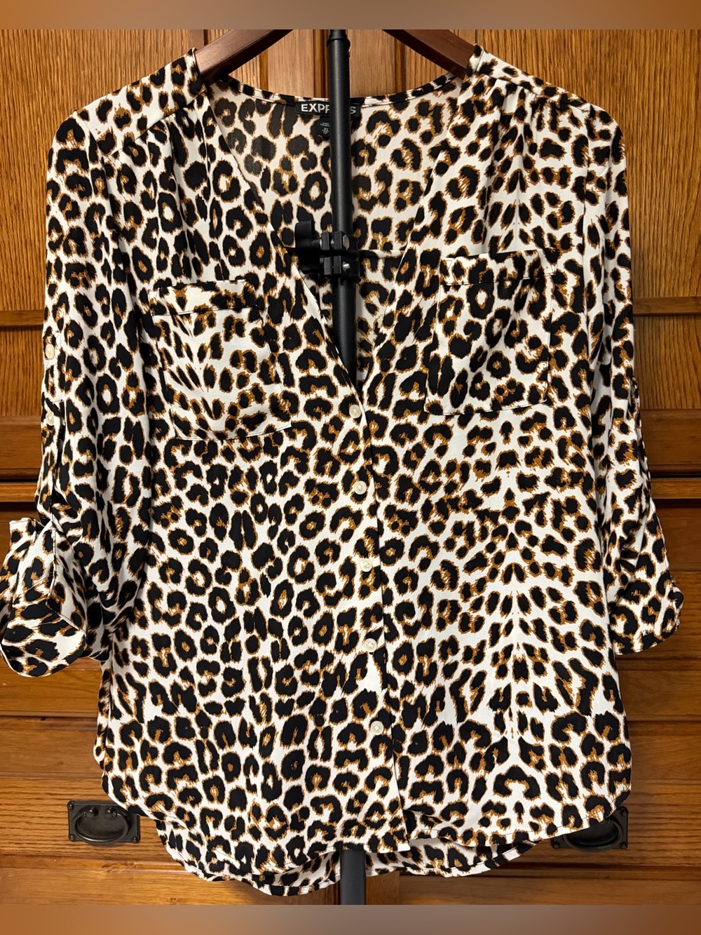 Express Leopard Print Portofino Convertible Georgette Button Blouse Roll-Tab